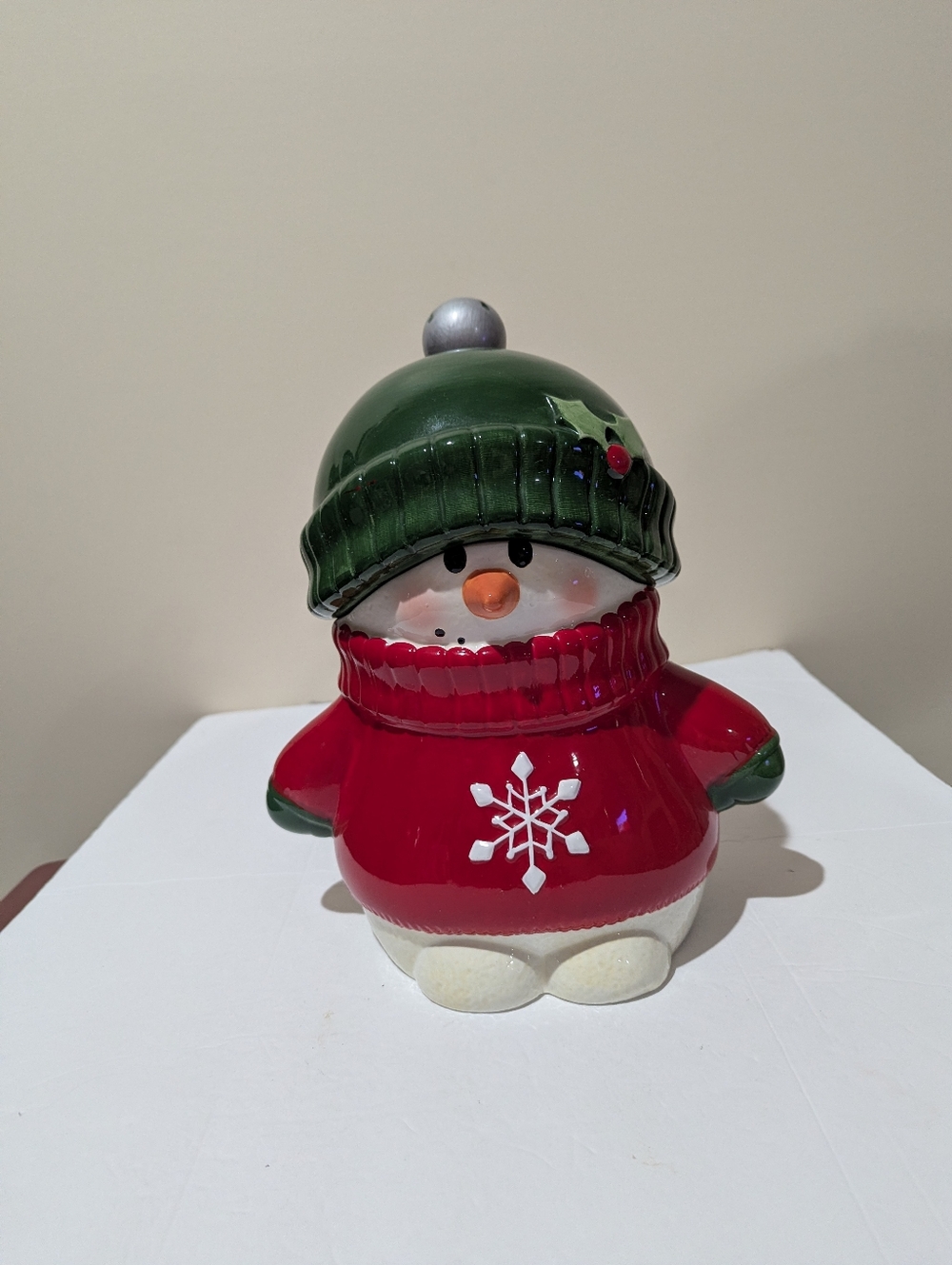 Vintage Hallmark Ceramic Snowman Holiday Cookie Jar in Red and Green